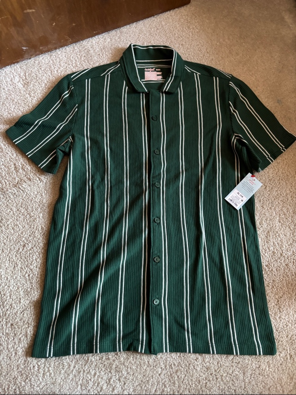 Cat & Jack Green and White Vertical Stripe Short-Sleeve Button-Down Shirt